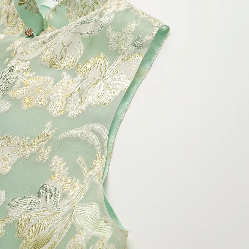 "Imperial Garden Teatime" Silk Brocade Embroidered Chinese Vest - Mint Green 