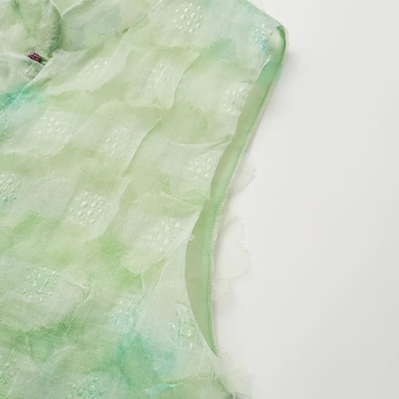 "Imperial Garden Teatime" Ruffo Coli 義大利高級訂製立體工藝面料國風上衣 — 翠綠飄花