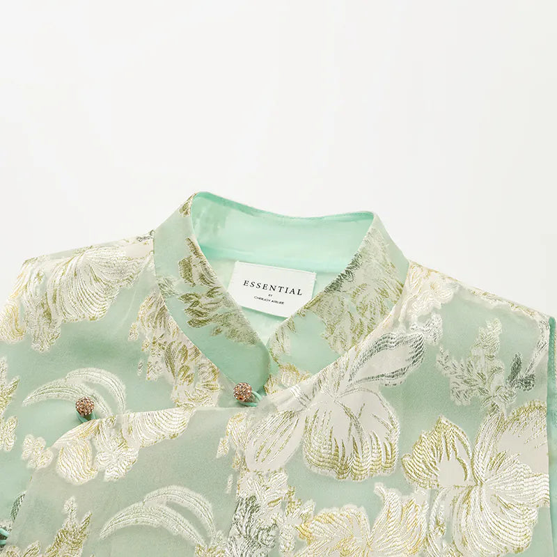 "Imperial Garden Teatime" Silk Brocade Embroidered Chinese Vest - Mint Green 