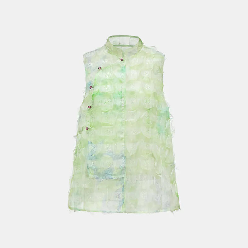 "Imperial Garden Teatime" Ruffo Coli 義大利高級訂製立體工藝面料國風上衣 — 翠綠飄花