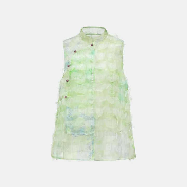 "Imperial Garden Teatime" Ruffo Coli 義大利高級訂製立體工藝面料國風上衣 — 翠綠飄花