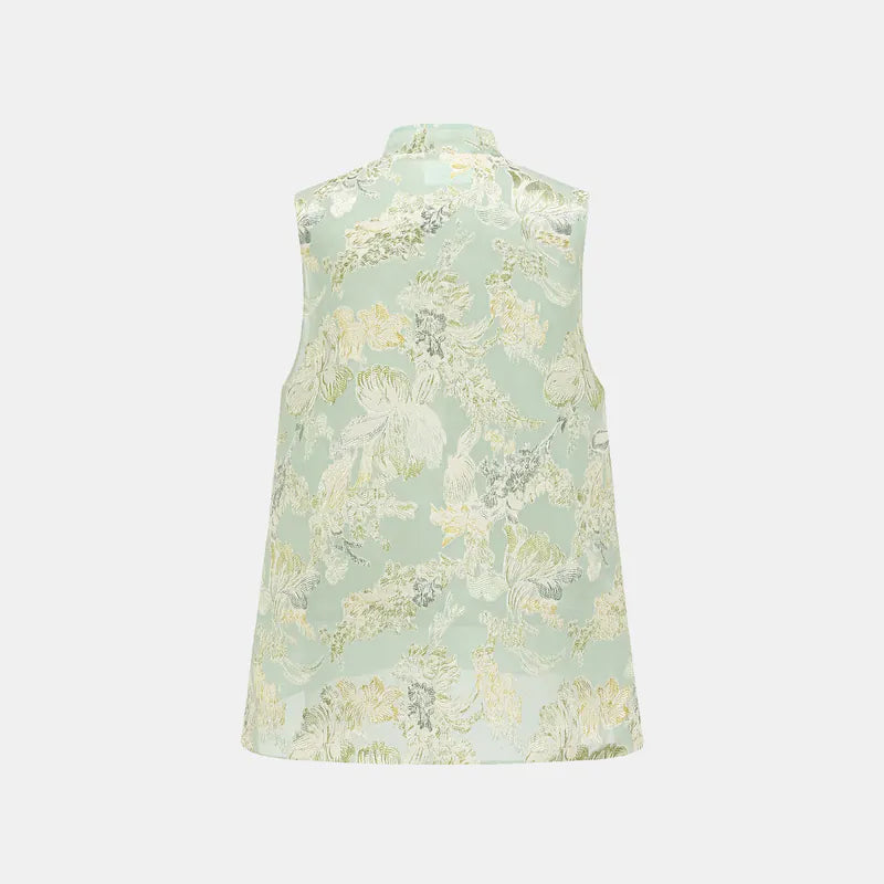 "Imperial Garden Teatime" Silk Brocade Embroidered Chinese Vest - Mint Green 