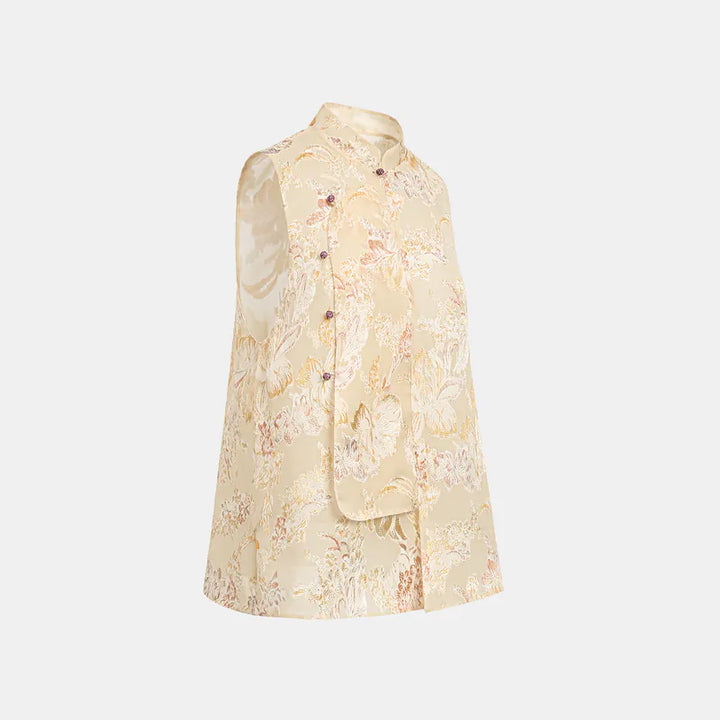 "Imperial Garden Teatime" Silk Brocade Embroidered Chinese Vest - Yellow 