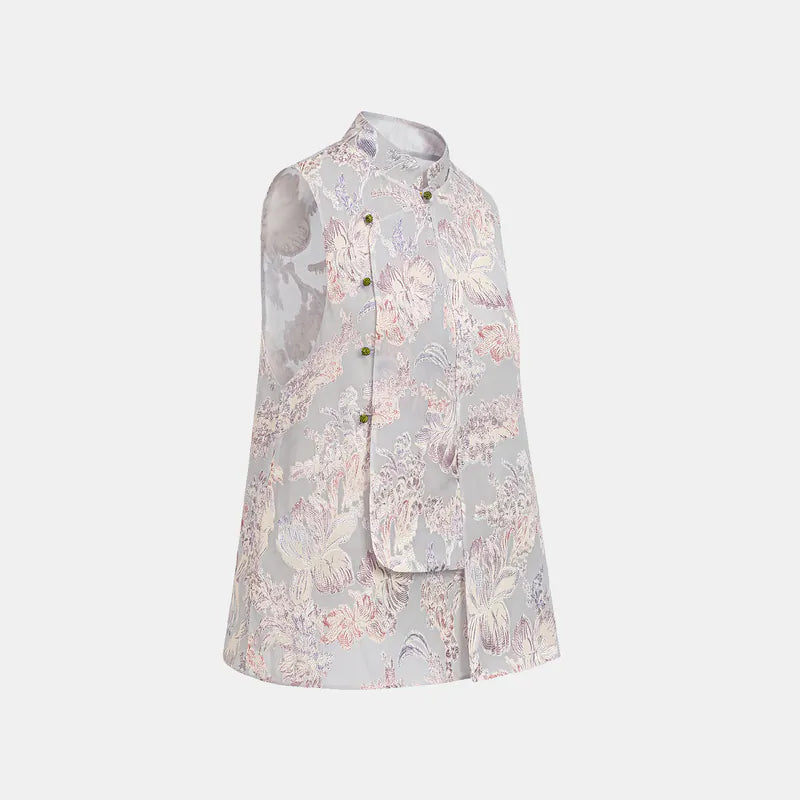 "Imperial Garden Teatime" Silk Brocade Embroidered Chinese Vest - Lilac 