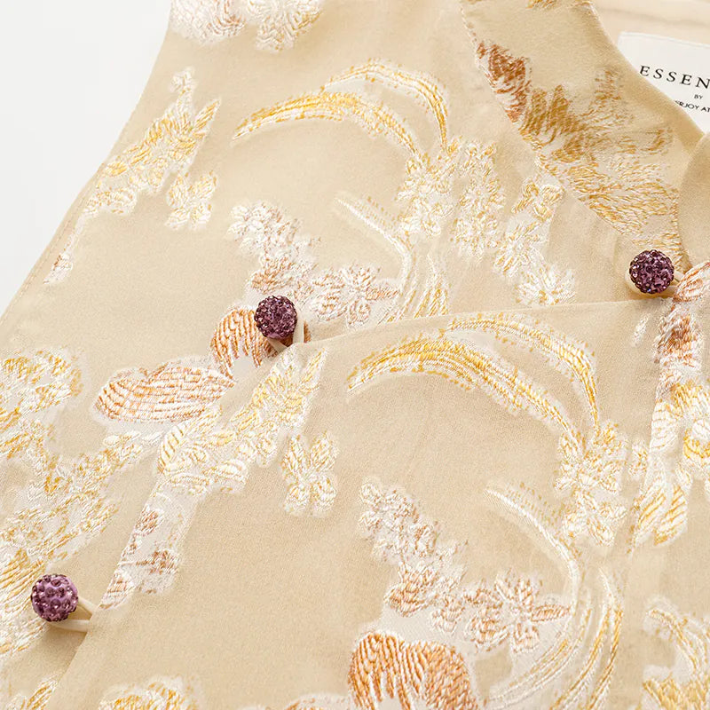 "Imperial Garden Teatime" 真絲織錦繡花中式背心—鵝黃