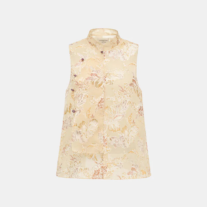"Imperial Garden Teatime" Silk Brocade Embroidered Chinese Vest - Yellow 