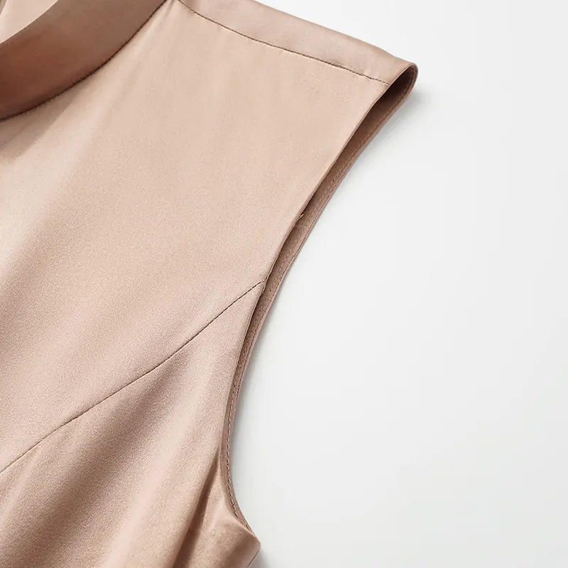 “茶宴” 100%真絲新中式旗袍洋裝 — 銅金