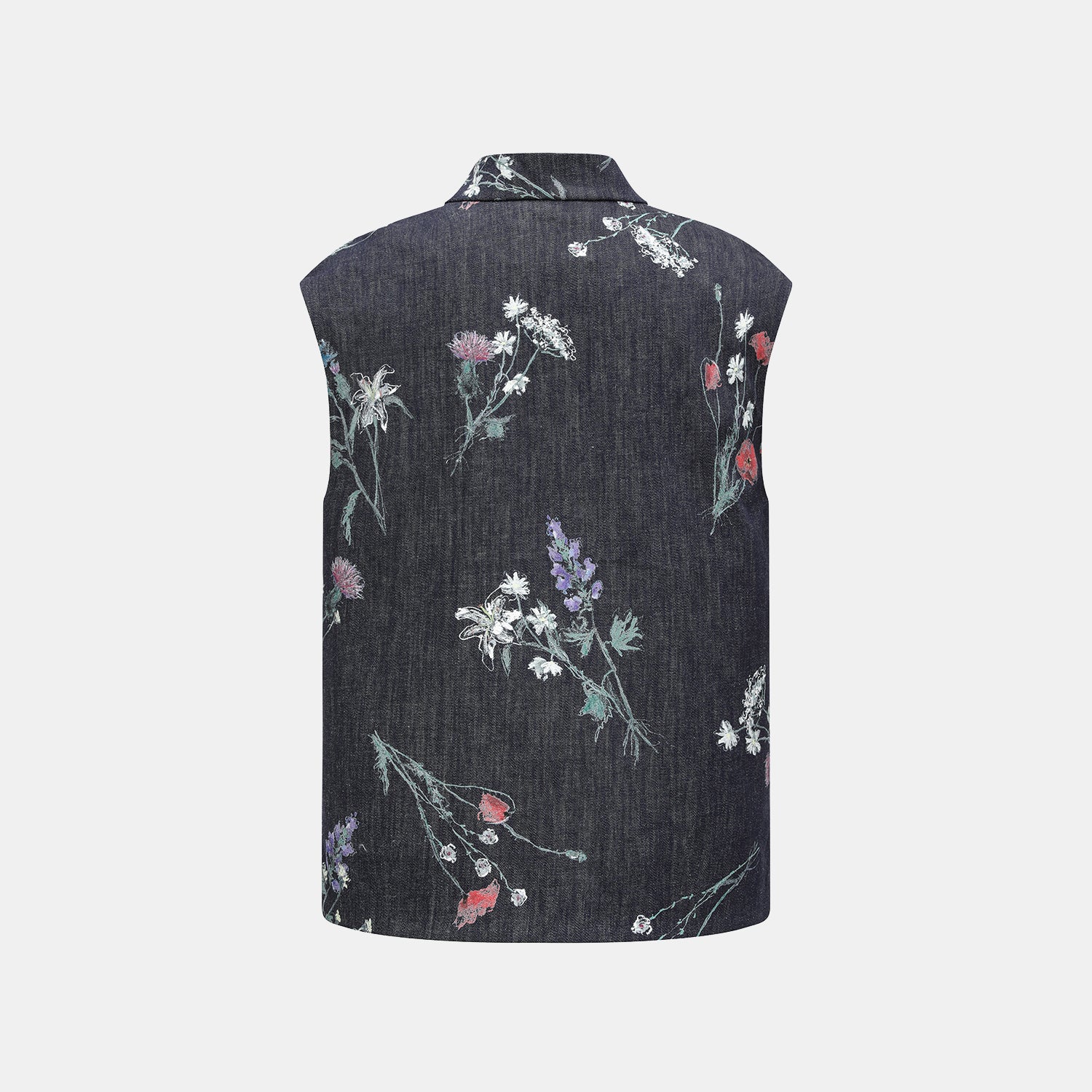 “Easy Go Chic”義大利浮描蠟花繪印工藝牛仔馬甲背心—Blue Bloom藍野花語