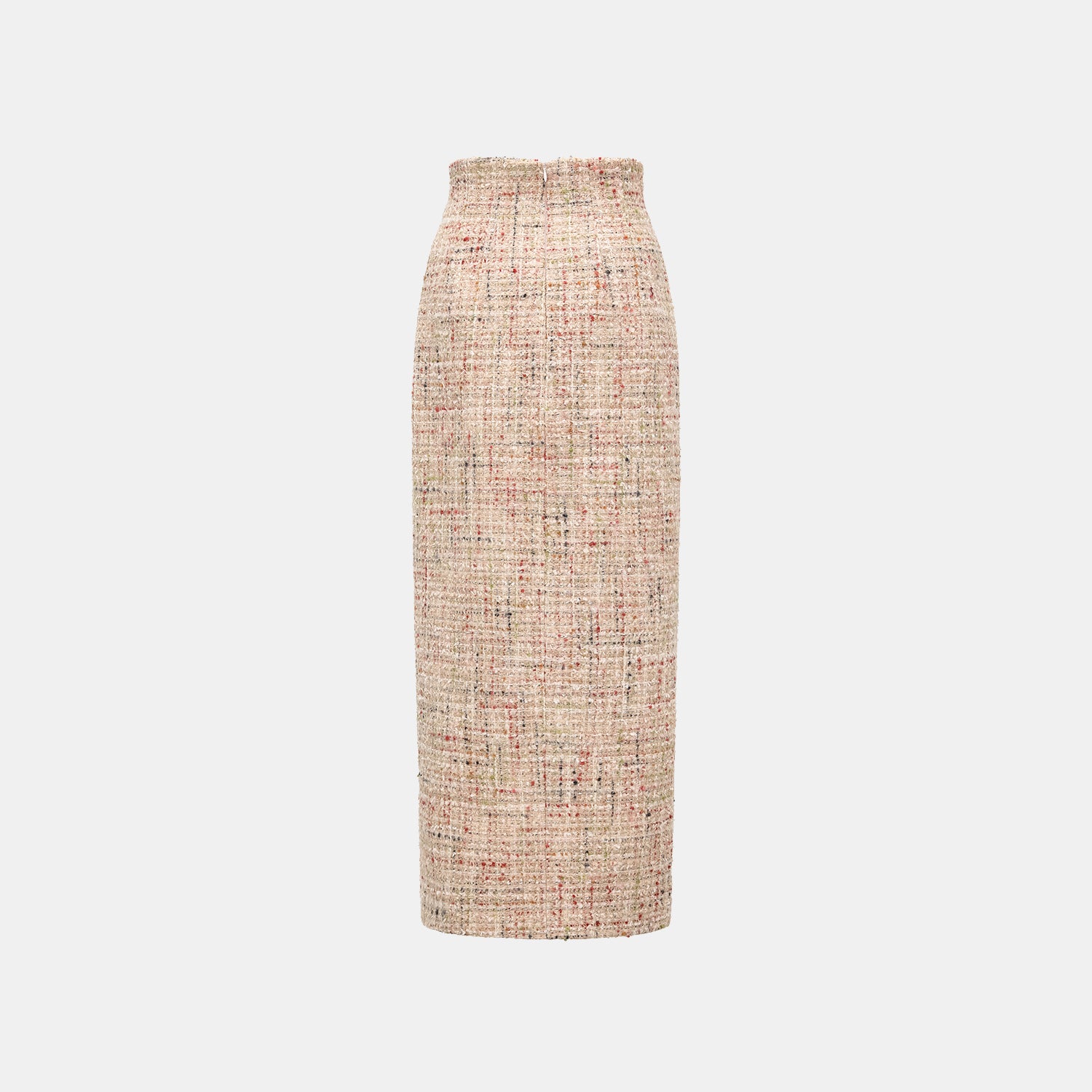 “Chelsea teatime.” Tweed pencil skirt—Berry latte 