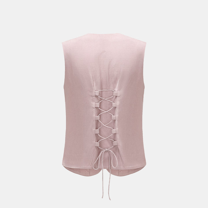 "Speak Sleek" 奢華輕薄麻感肌理醋酸綁帶西裝馬甲背心—Pink