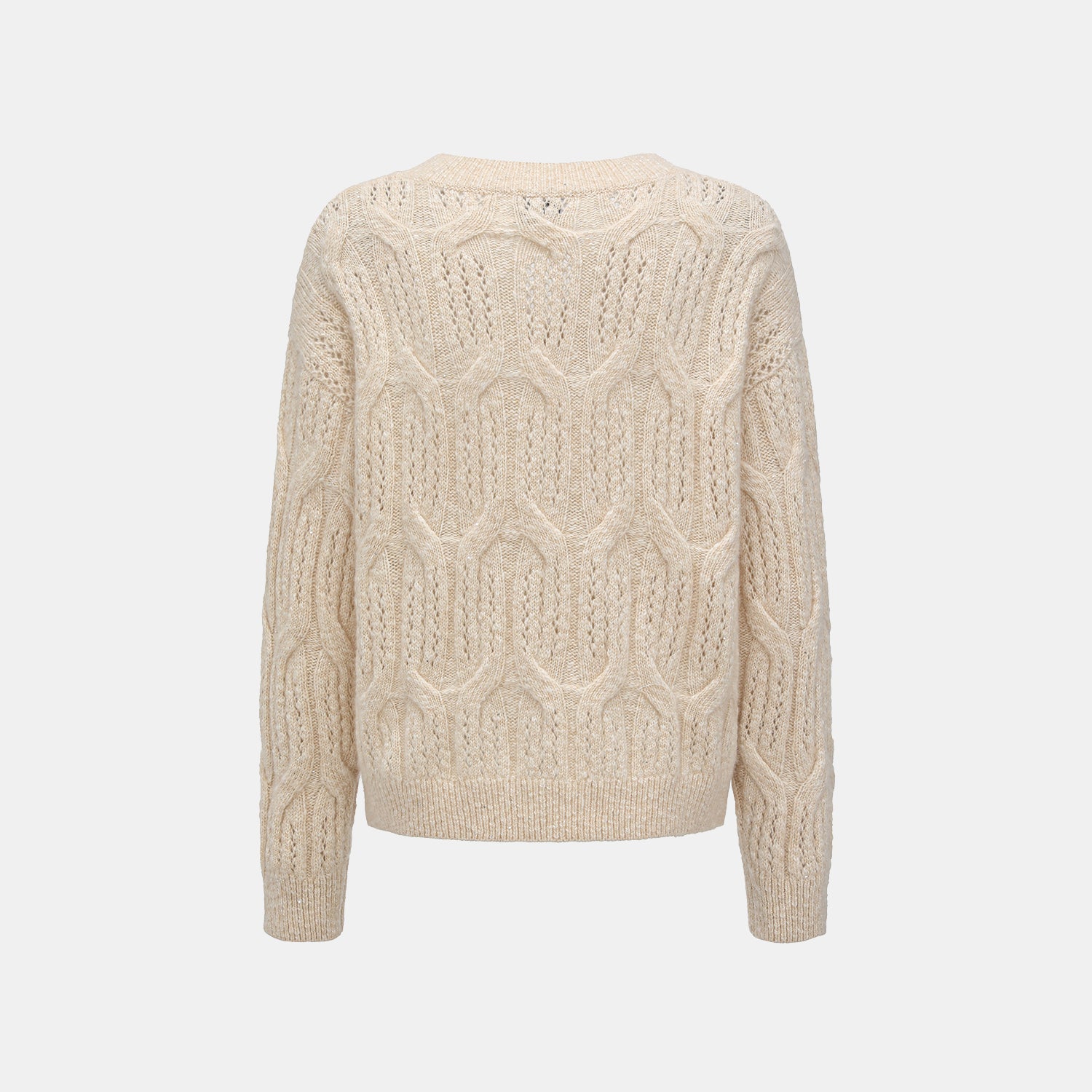 “Winter Diary” 100% Cashmere極細絨柔鏤空蜂格紋星點V領上衣—Morning Oat 晨光燕麥