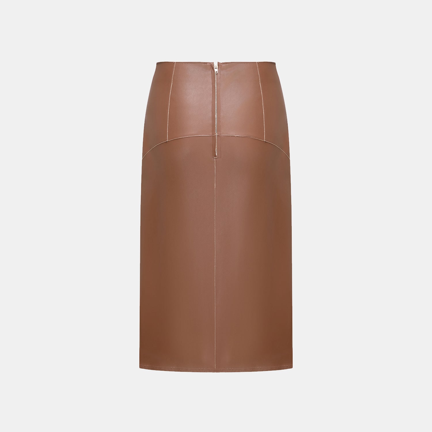 "Easy-go Chic" Vegan Leather Cut Pencil Skirt - Honey Brown 