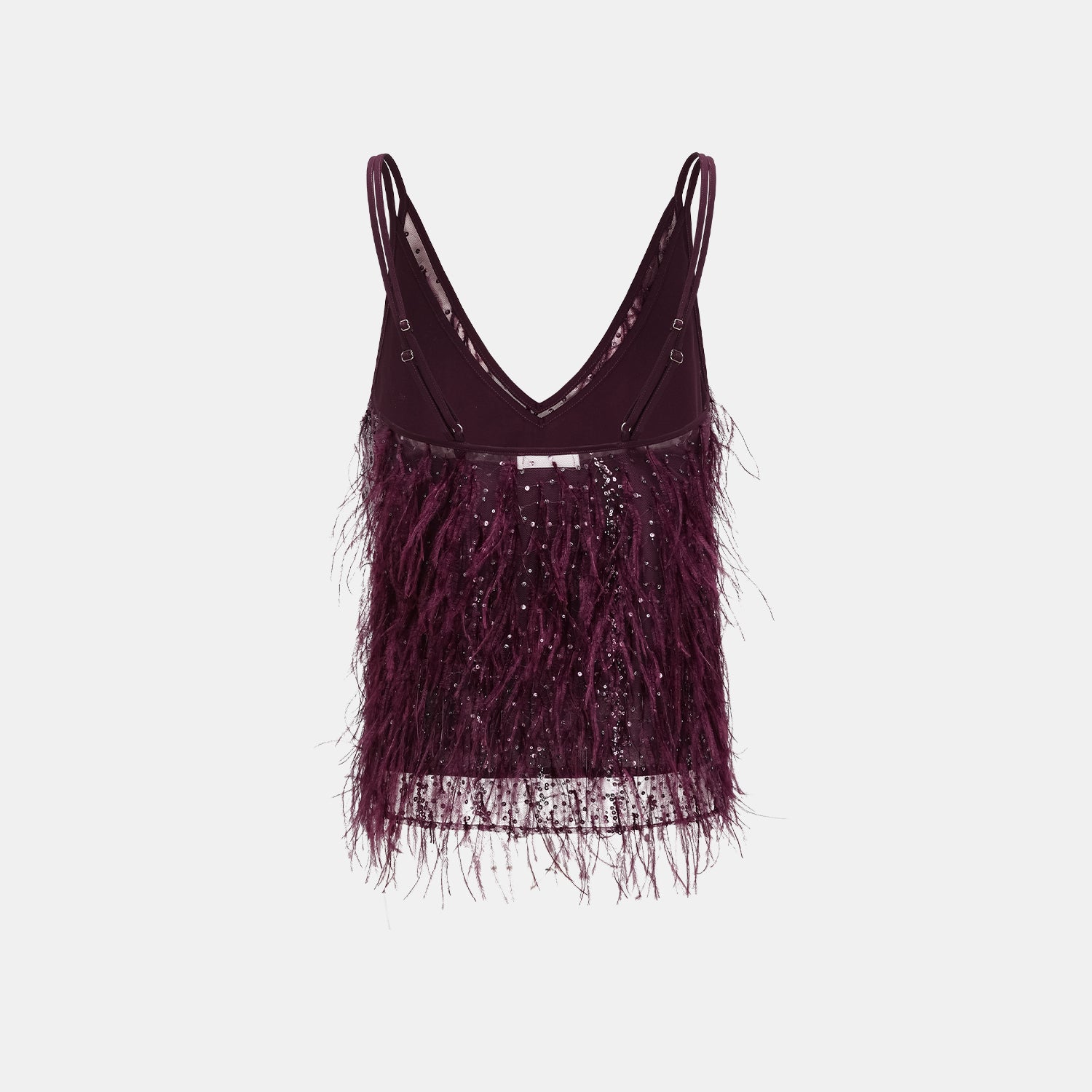 “Welcome to my party.” 珠繡羽毛工藝細肩帶背心—Wine.