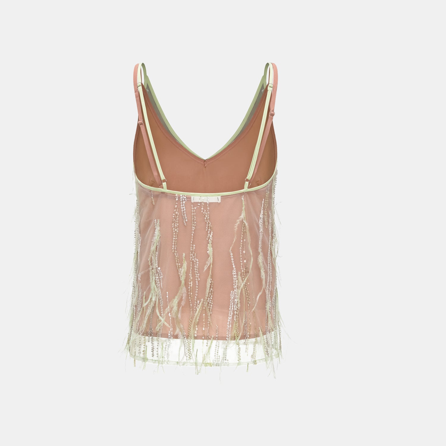 “Welcome to my party.” 珠繡羽毛工藝細肩帶背心