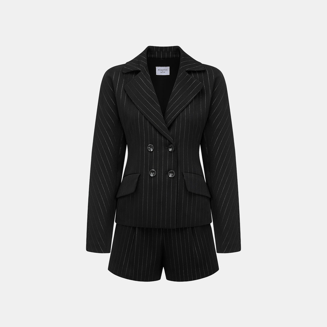 "Speak Sleek." 銀織工藝直條西裝短褲—Shadow Rhythm沉光輕序