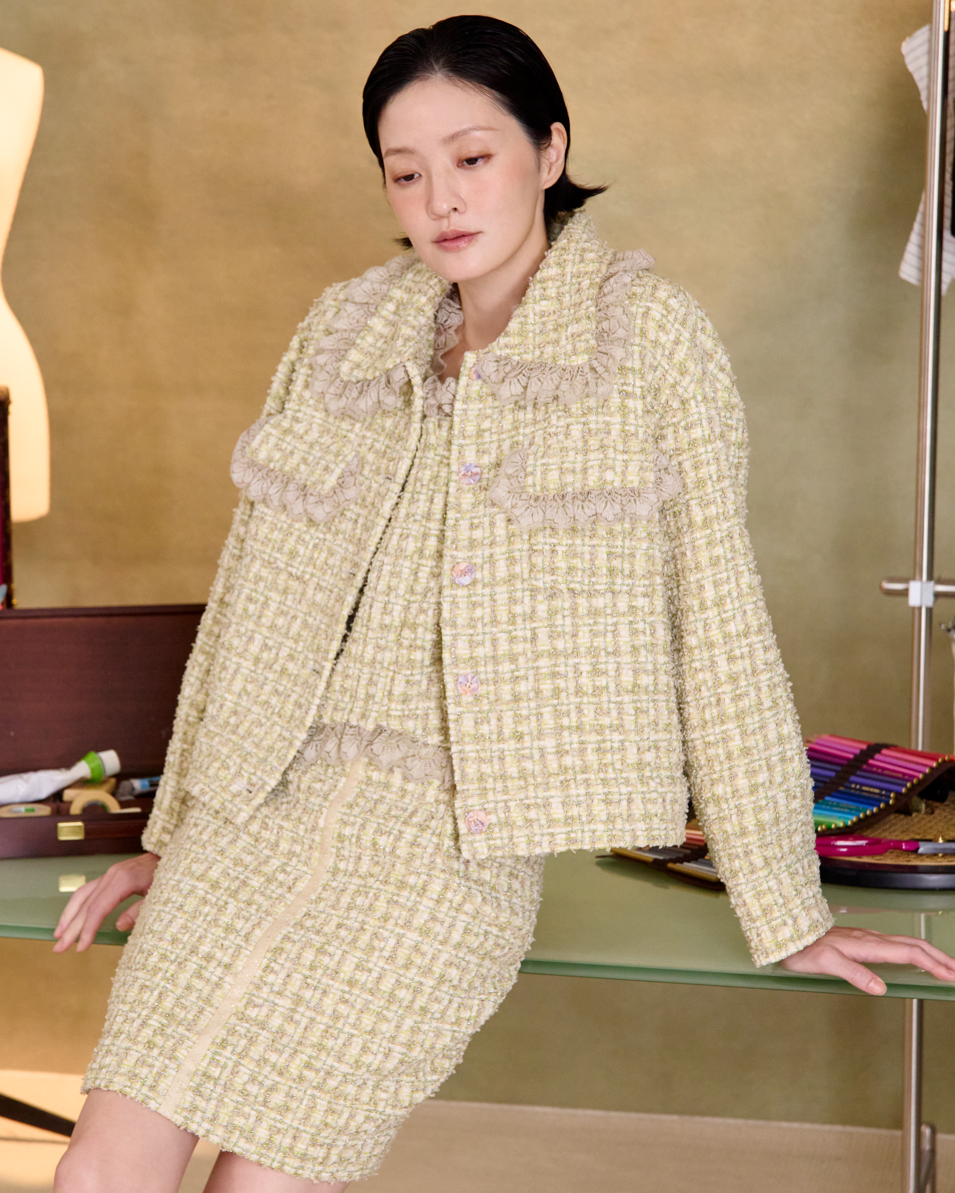 “一身晴朗 A Brighter Mood” 日本高級訂製手工織造真絲羊毛工藝經典蕾絲拼接 No.16 Oversized 花呢外套