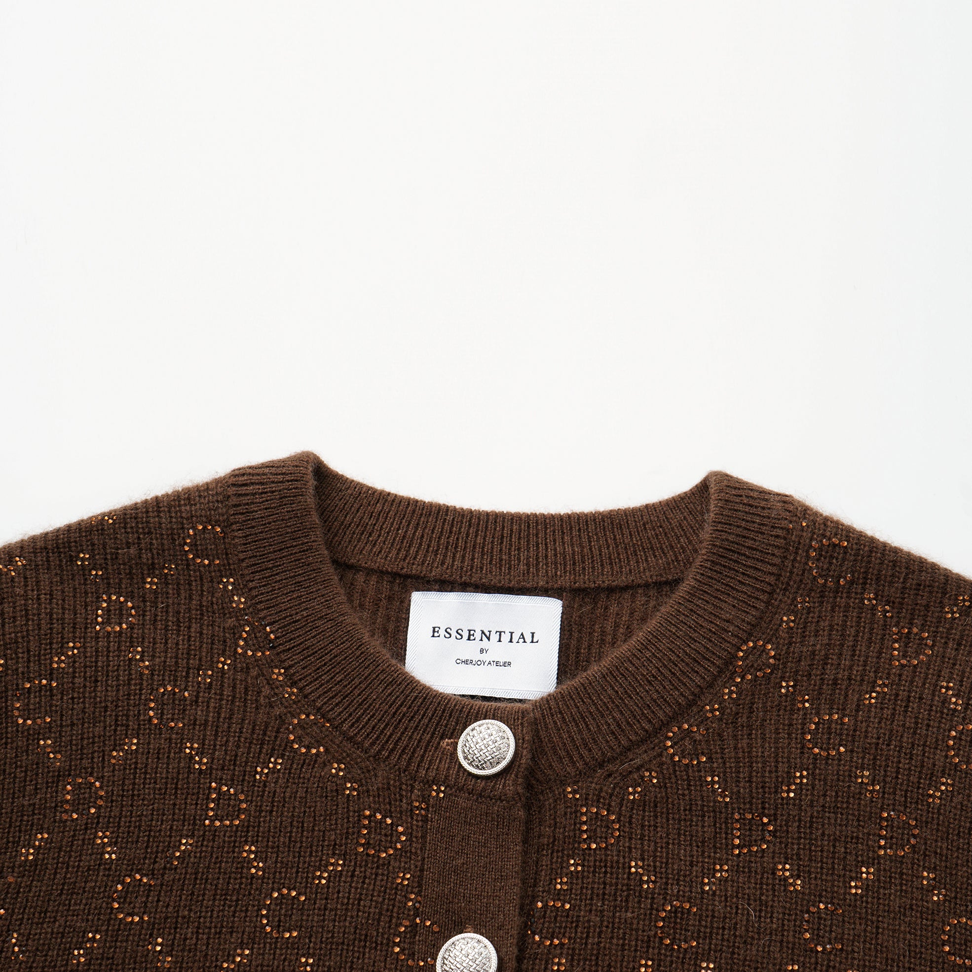 “Autumn Diary” 100% Cashmere立體鑽飾Monogram嵌花針織外套—Mocha Truffle摩卡松露