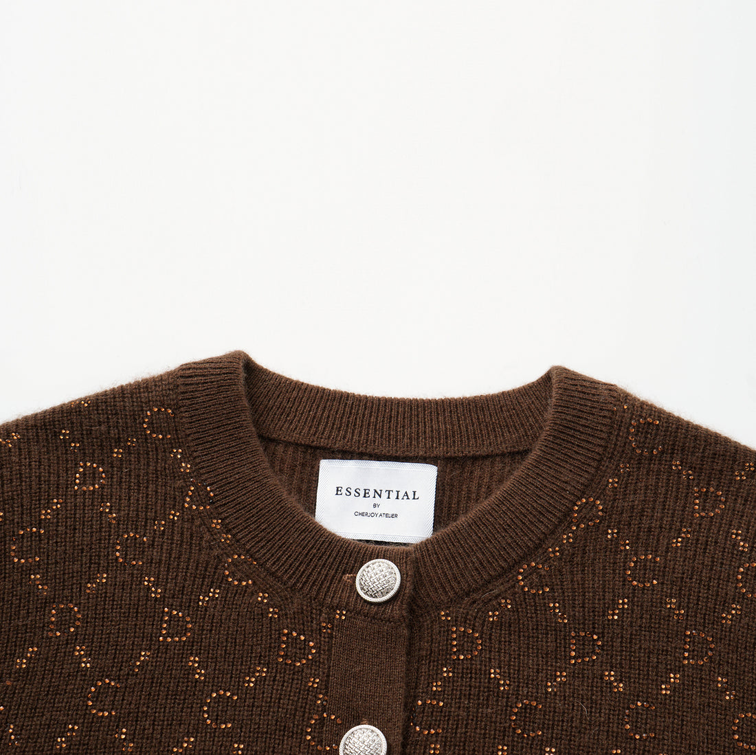 “Autumn Diary” 100% Cashmere立體鑽飾Monogram嵌花針織外套—Mocha Truffle摩卡松露