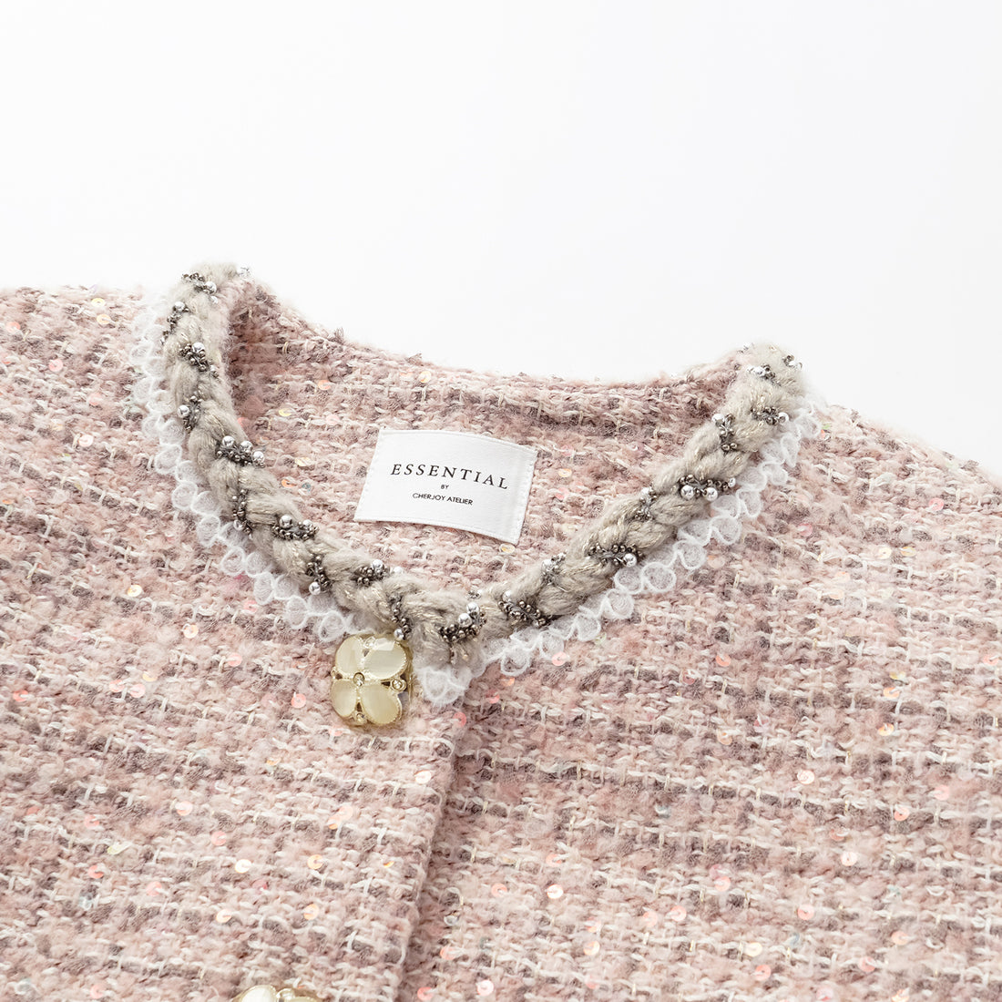 “Chelsea teatime.” Classic No.6 tweed jacket—Pink marshmallow 