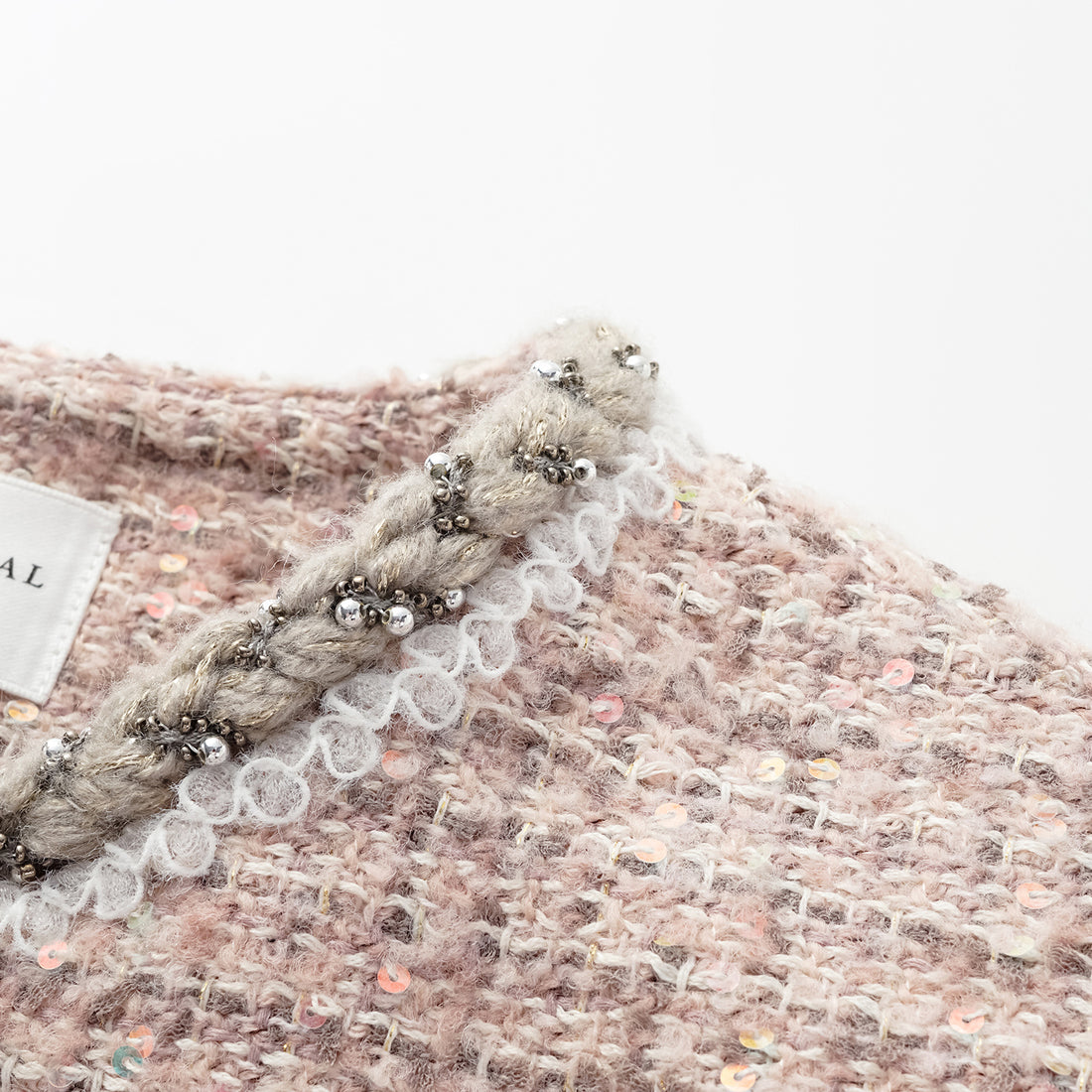 “Chelsea teatime.” Classic No.6 tweed jacket—Pink marshmallow 
