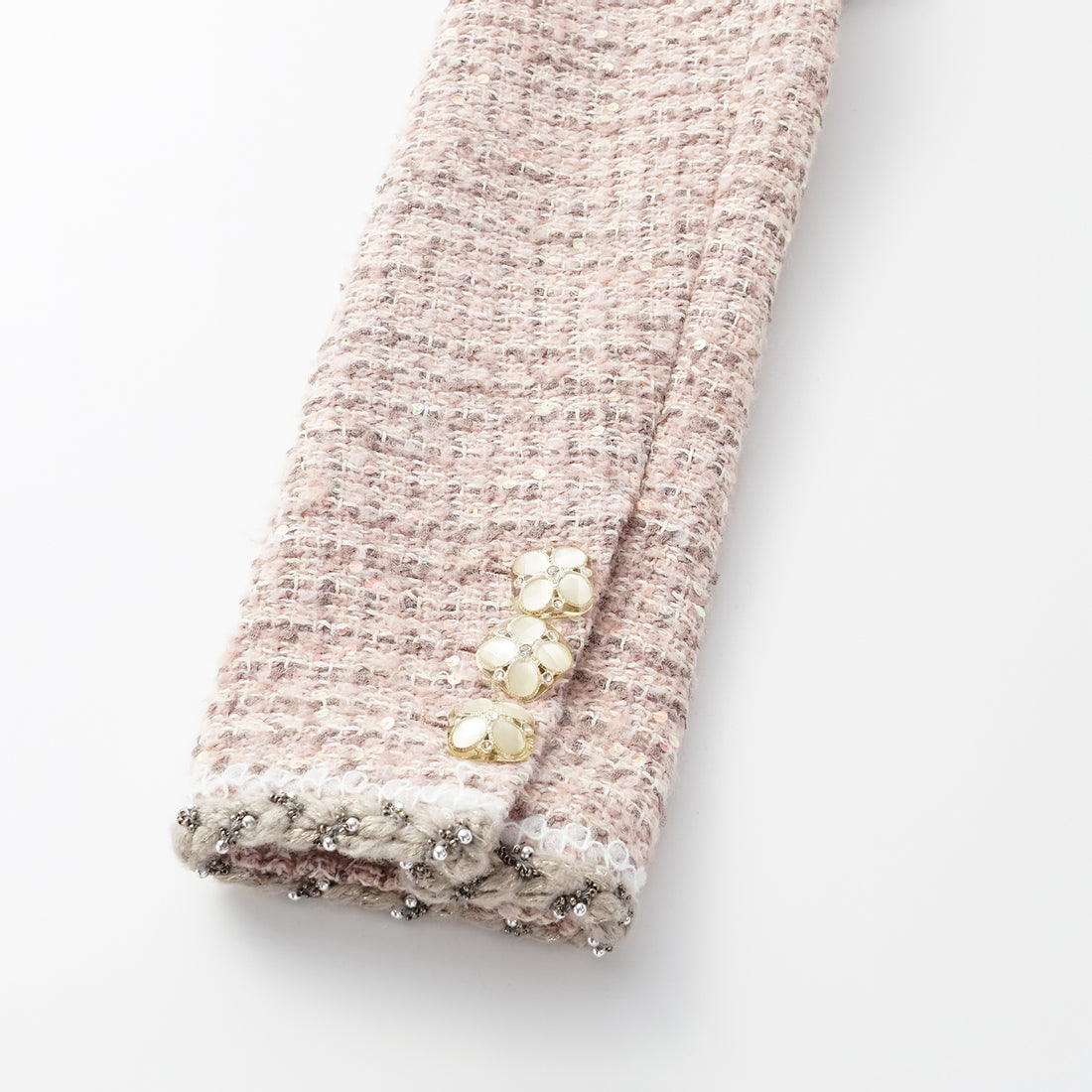 “Chelsea teatime.” Classic No.6 tweed jacket—Pink marshmallow 