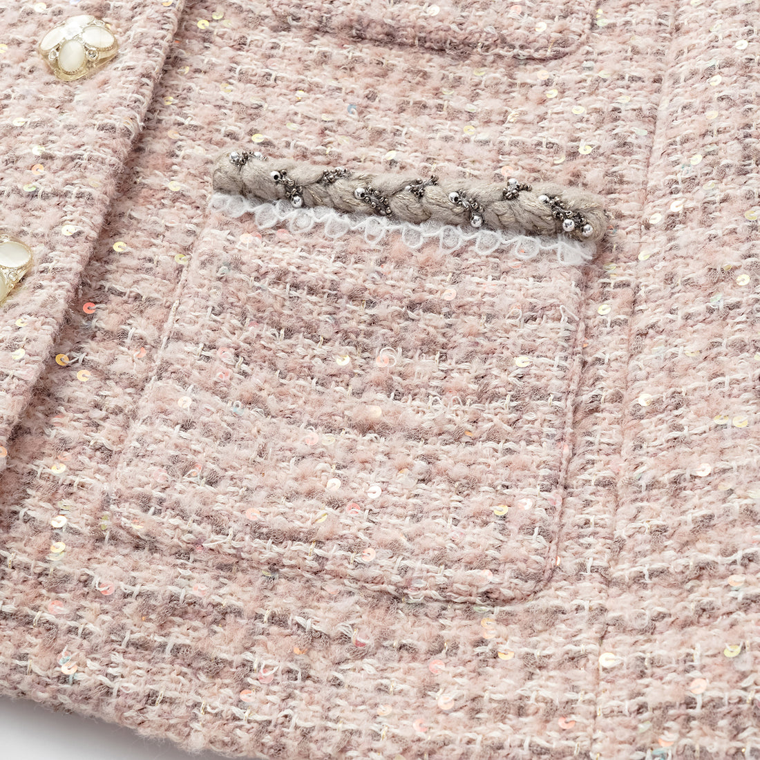 “Chelsea teatime.” Classic No.6 tweed jacket—Pink marshmallow 