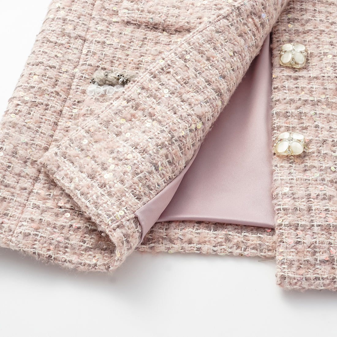 “Chelsea teatime.” Classic No.6 tweed jacket—Pink marshmallow 