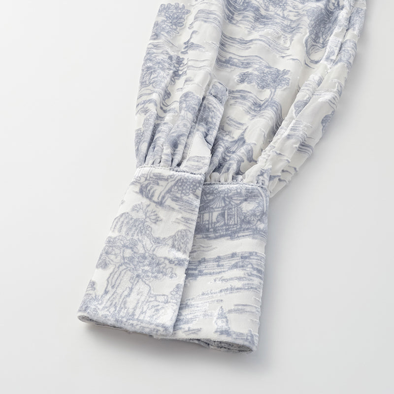 "Imperial Garden Teatime” 真絲絲絨燒花特殊剪裁襯衫—杏雨梨雲