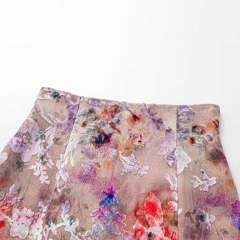 "Imperial Garden Teatime” 真絲絲絨燒花鉛筆裙—露紅煙紫