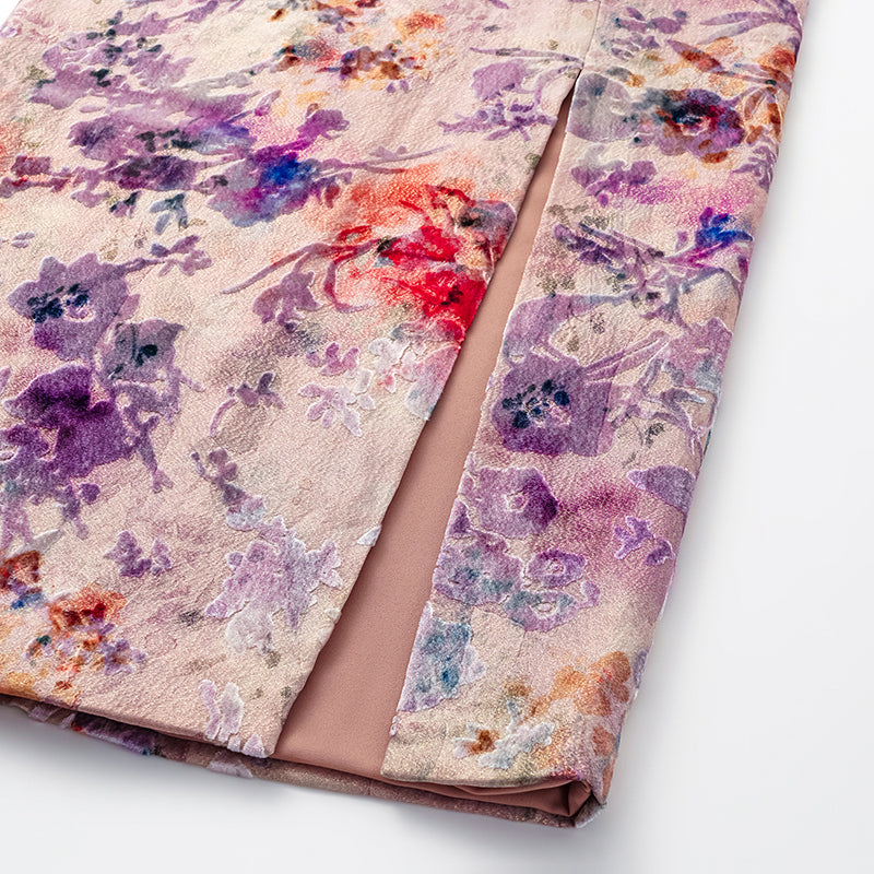 "Imperial Garden Teatime” 真絲絲絨燒花鉛筆裙—露紅煙紫