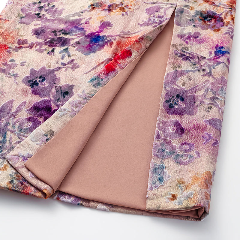 "Imperial Garden Teatime” 真絲絲絨燒花鉛筆裙—露紅煙紫