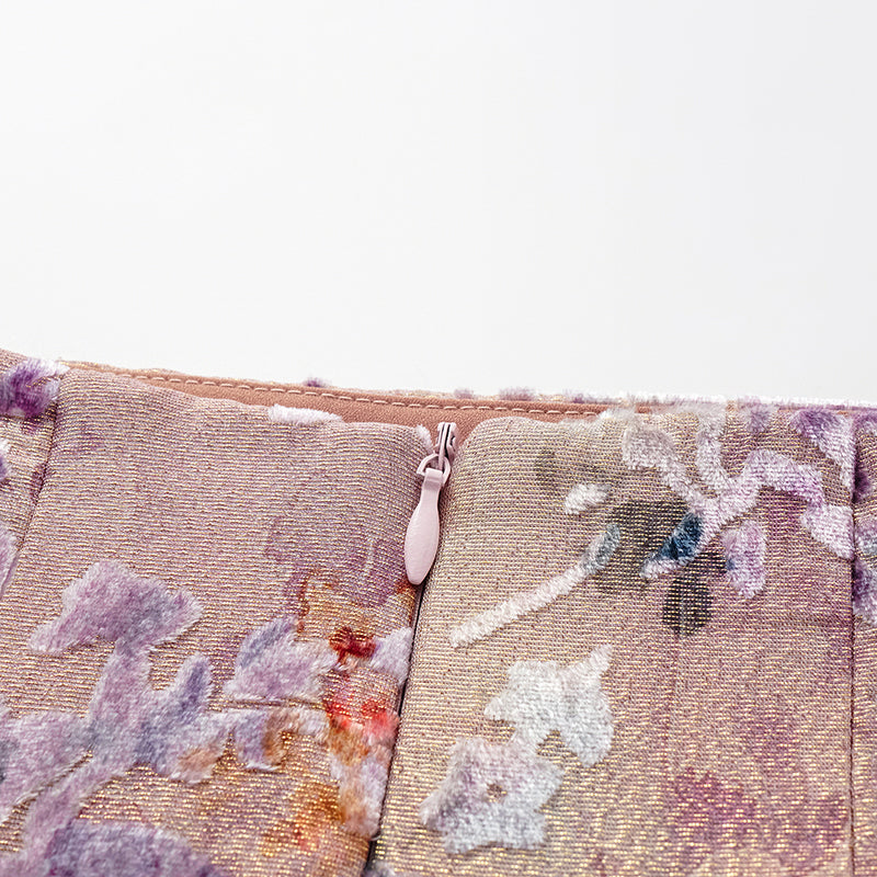 "Imperial Garden Teatime” 真絲絲絨燒花鉛筆裙—露紅煙紫