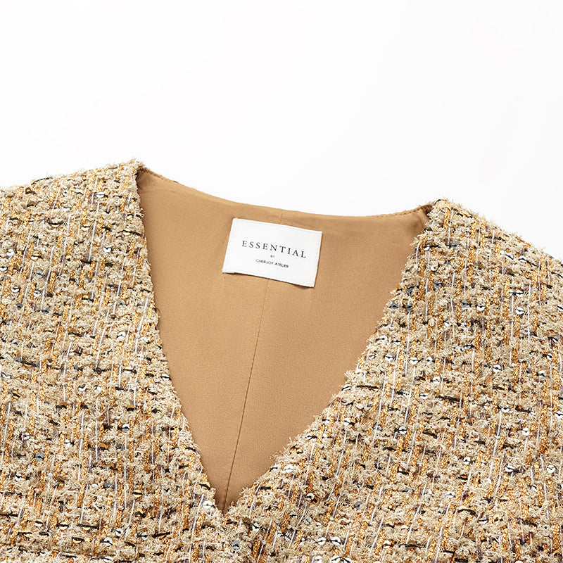 “Brunch at Ritz.” Tweed Long Vest Dress—Golden Hours 