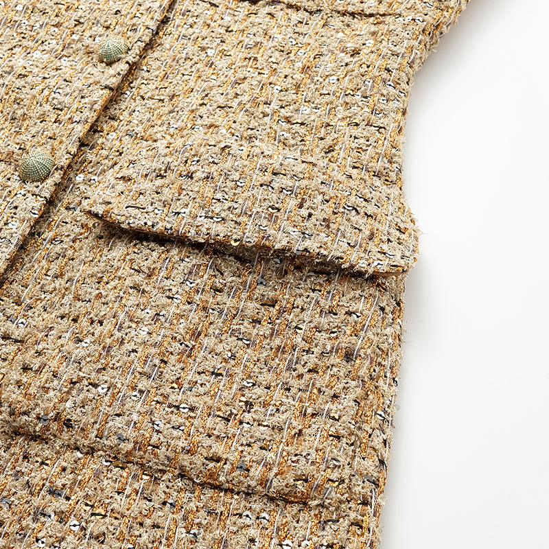 “Brunch at Ritz.” Tweed Long Vest Dress—Golden Hours 