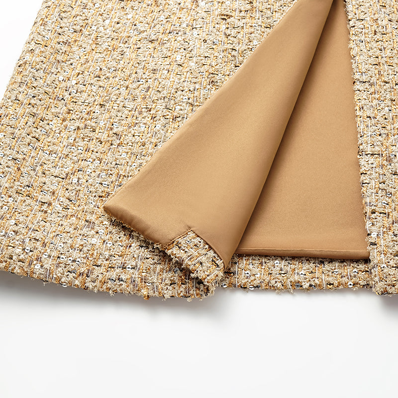 “Brunch at Ritz.” Tweed Long Vest Dress—Golden Hours 