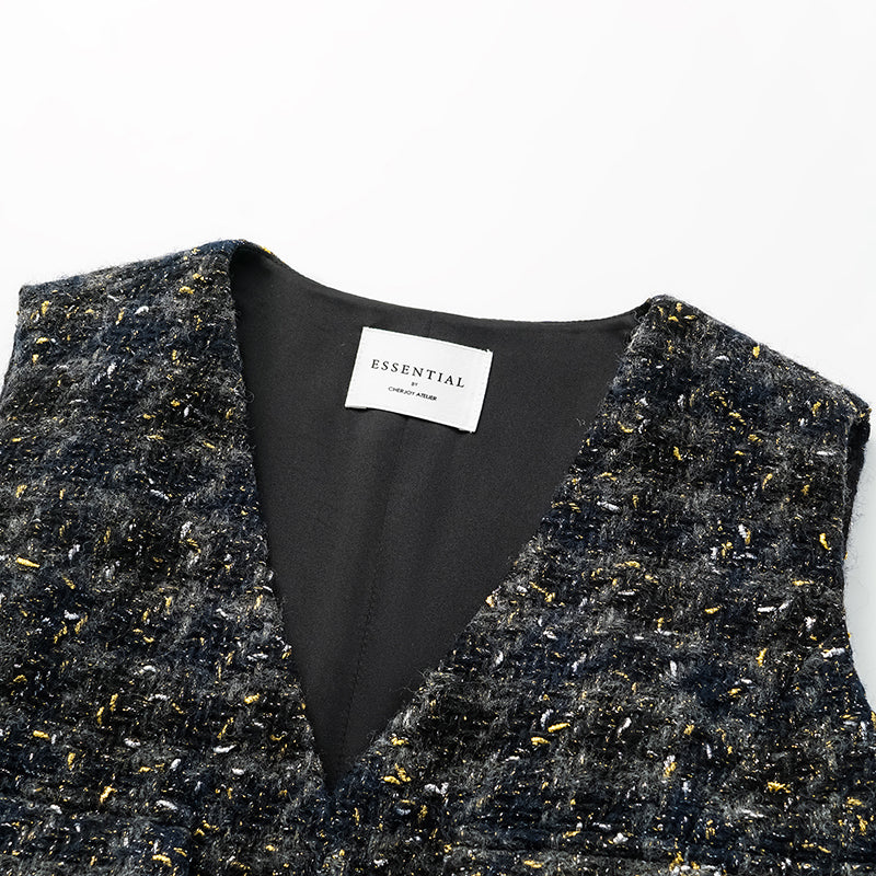 “Brunch at Ritz.” Tweed Long Vest Dress—Night Light Sparkle 