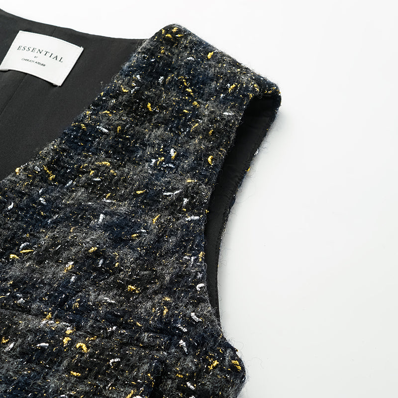 “Brunch at Ritz.” Tweed Long Vest Dress—Night Light Sparkle 