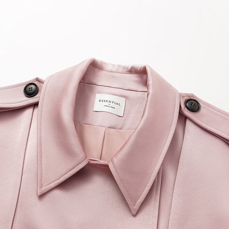 "London Everyday" Acetate Satin Long Trench Coat - Pink 
