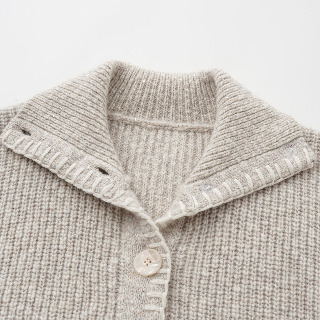 “Winter Diary” 100% Cashmere霧染細針羅紋邊飾高領針織外套—Winter Cotton冬日棉花