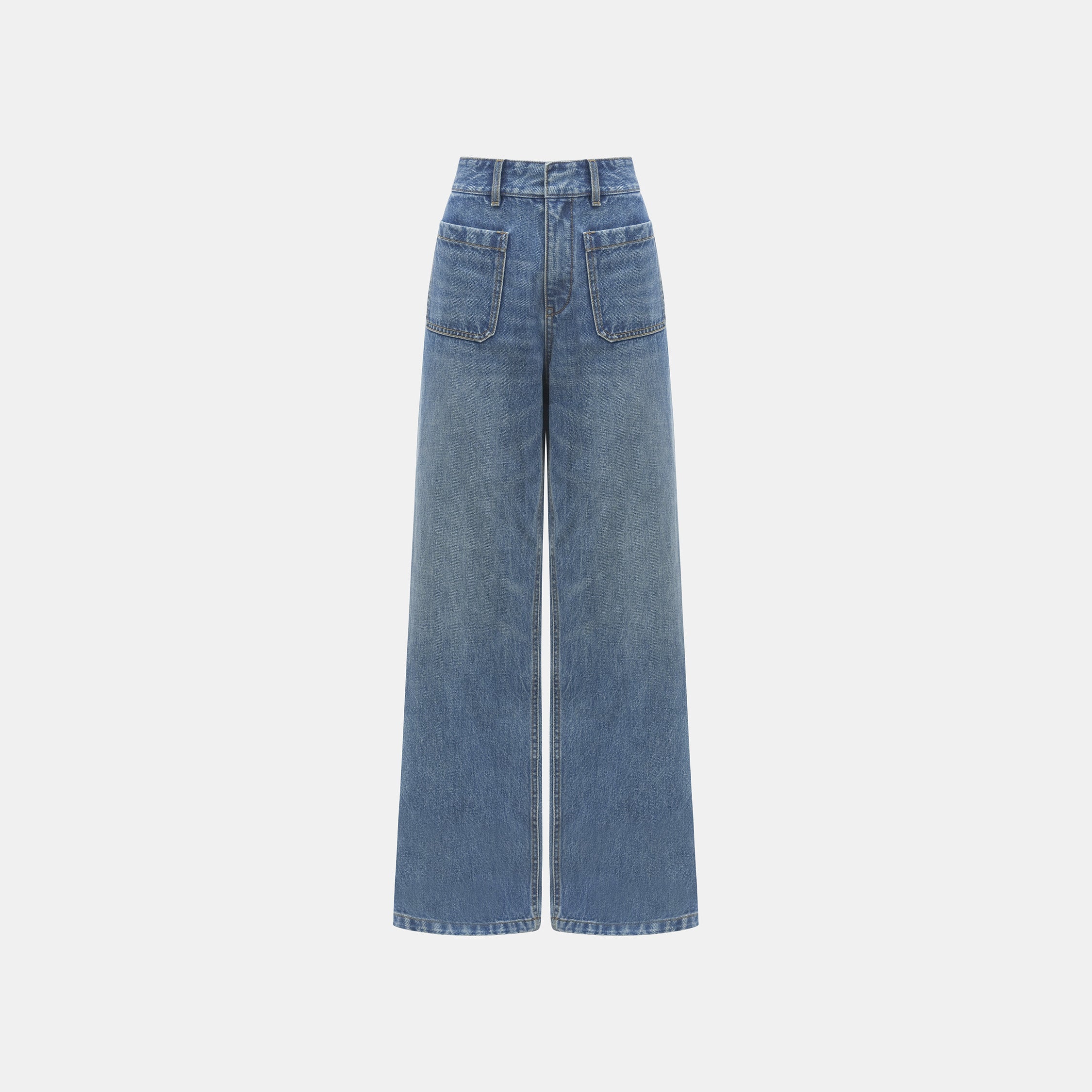 "Easy-Go Chic"義大利高腰刷色棉質牛仔寬褲—Sunday Blue週日藍調