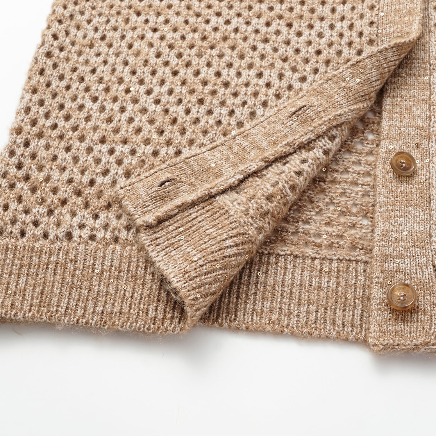 "Chelsea Citywalk." 100% Cashmere 亮片蕾絲編織工藝針織開衫—Cinnamon Latte