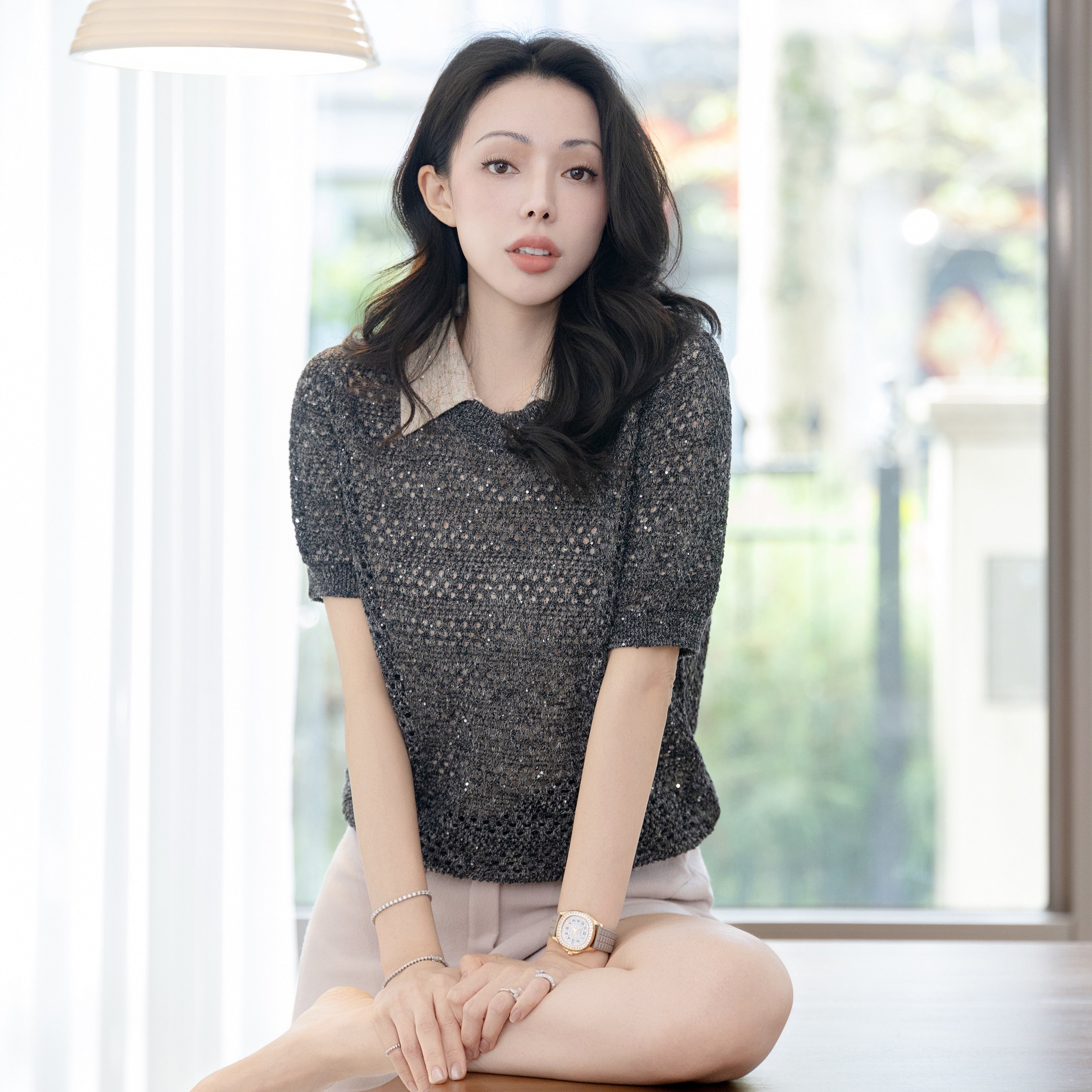 “Weekend at Monaco”Silk Cashmere鏤織微光星點薄織上衣—Night Tide夜潮餘暈