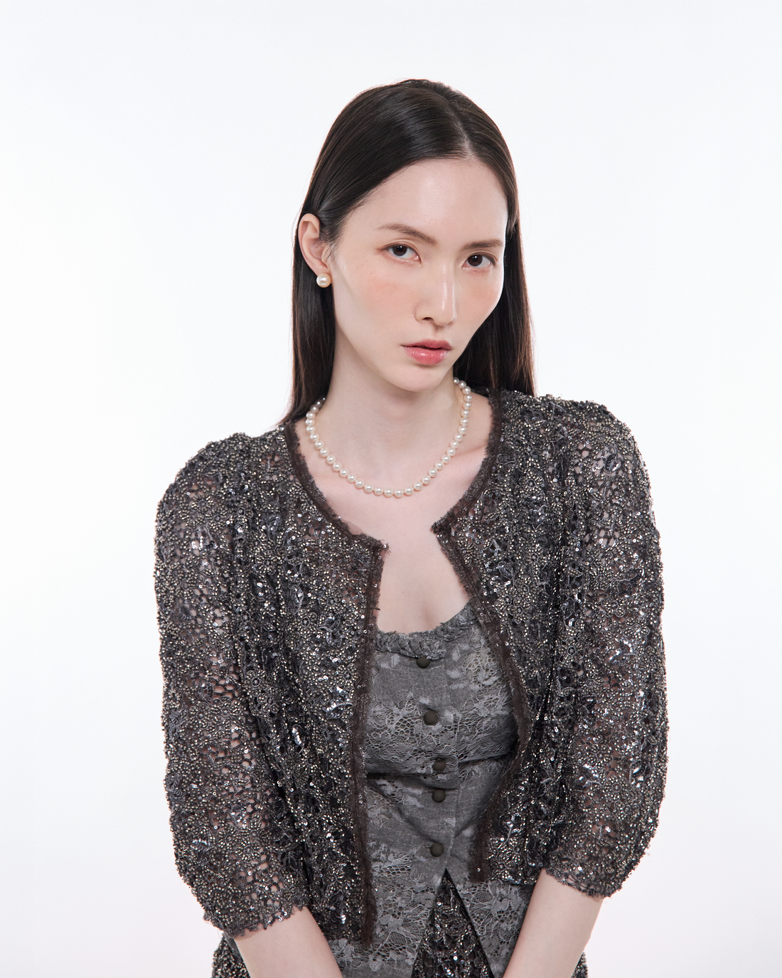 “The Gilded Hour”花影珠繡蕾絲短版外套—Amber Air琥珀餘香