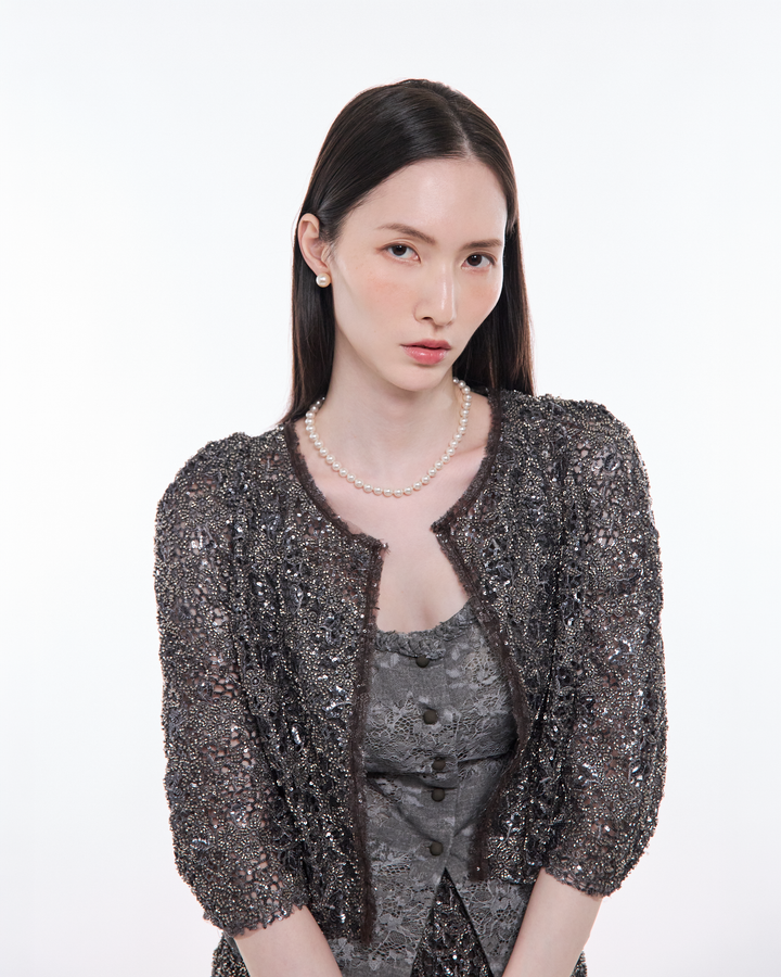"Amber Air琥珀餘香" 花影珠繡蕾絲短版外套