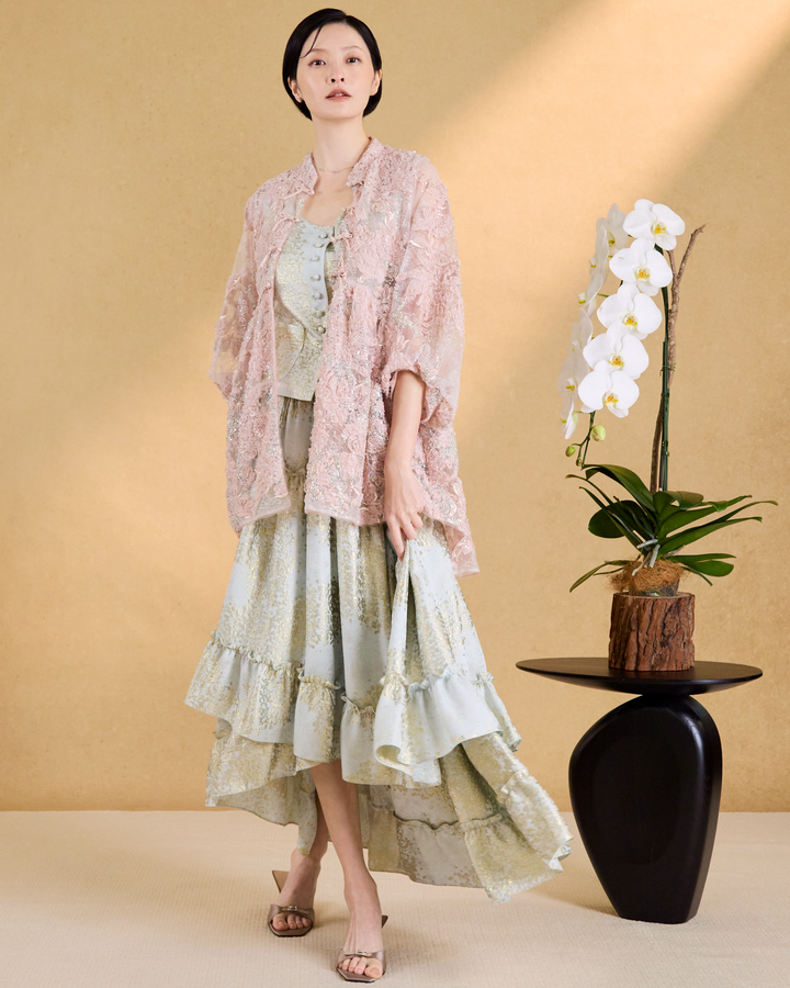 “Golden Trace 金箔花跡”義大利花影真絲緹花層次剪裁長裙 1