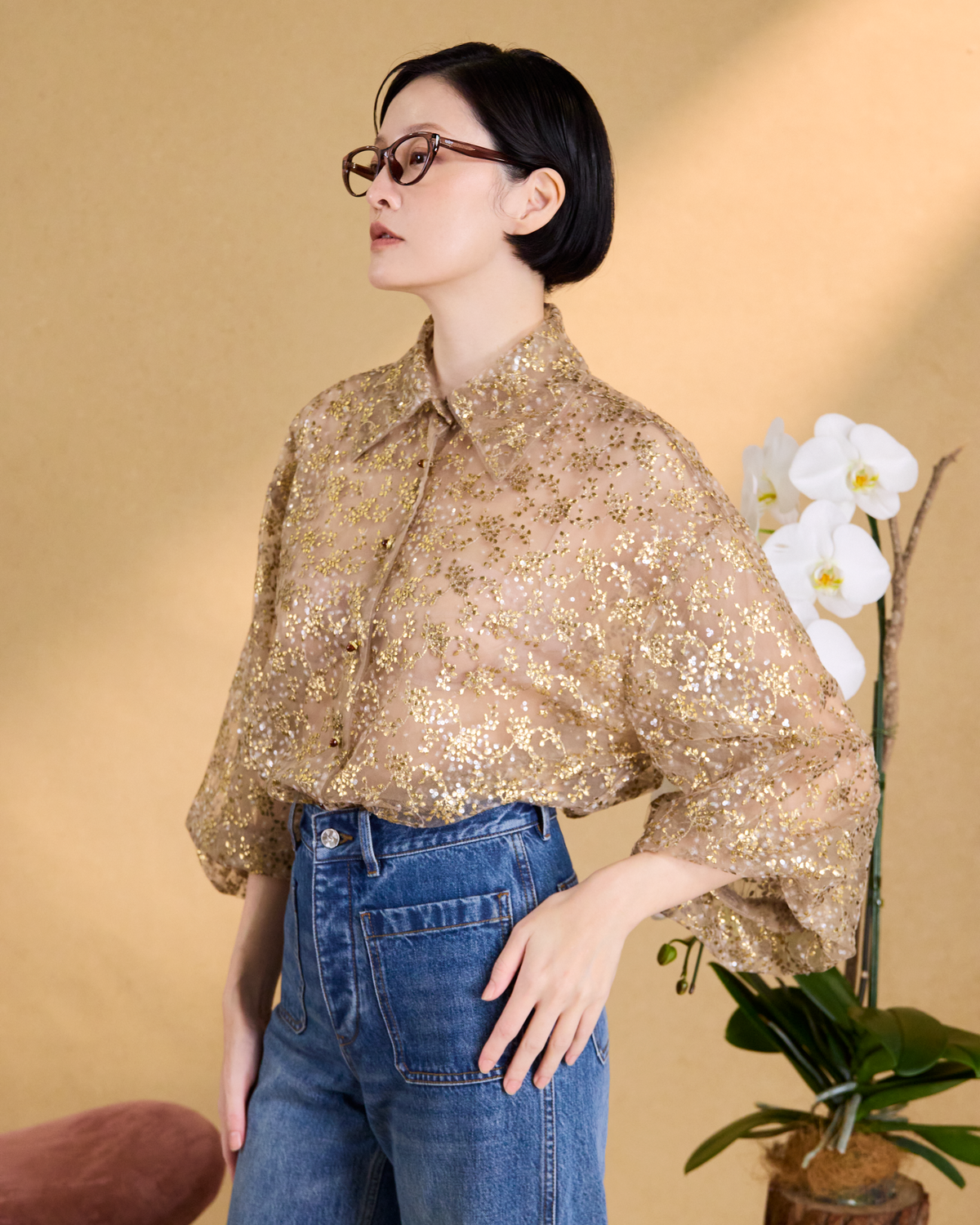 “Golden Pollen 金蕊微香”法國金葉刺繡工藝蕾絲羊腿袖襯衫