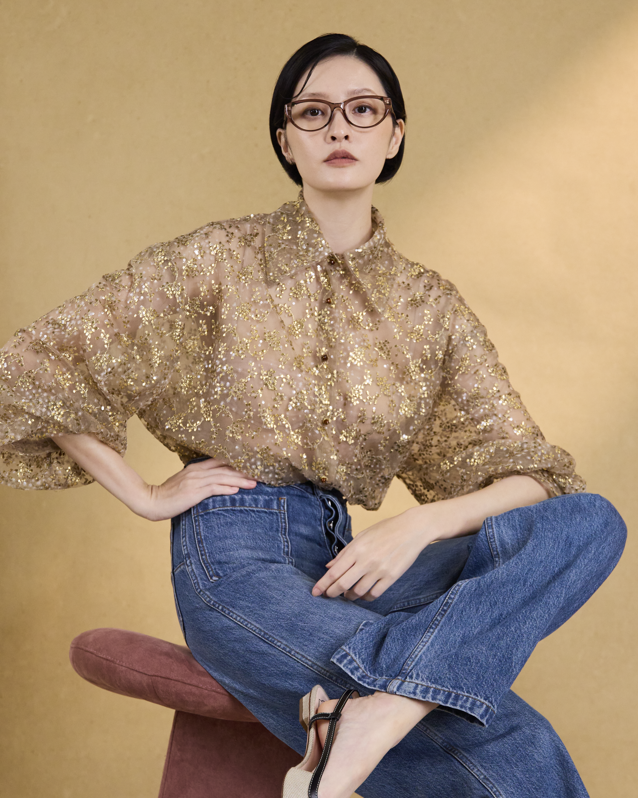 “Golden Pollen 金蕊微香”法國金葉刺繡工藝蕾絲羊腿袖襯衫 1