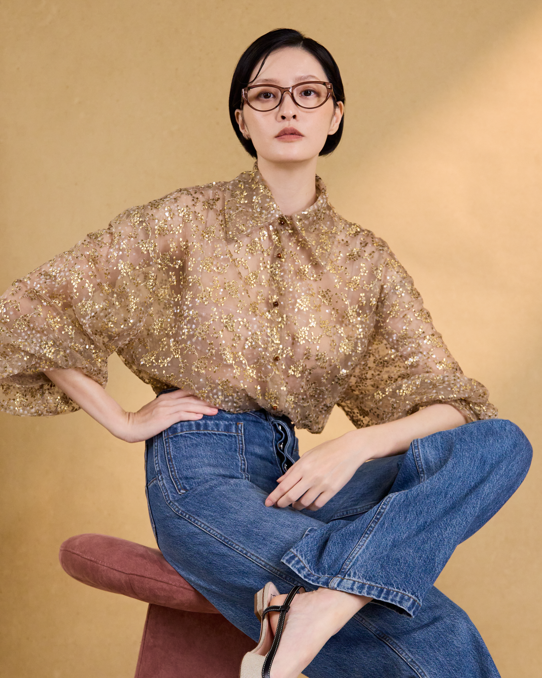 “Golden Pollen 金蕊微香”法國金葉刺繡工藝蕾絲羊腿袖襯衫 1