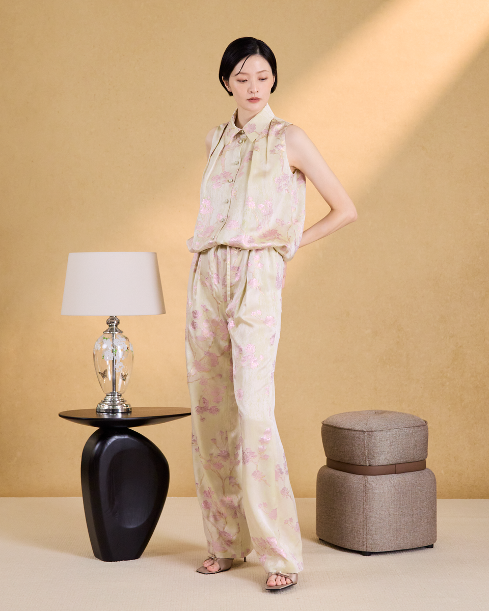 “Iris Gold 鳶尾淡金”義大利真絲緹花垂墜寬褲