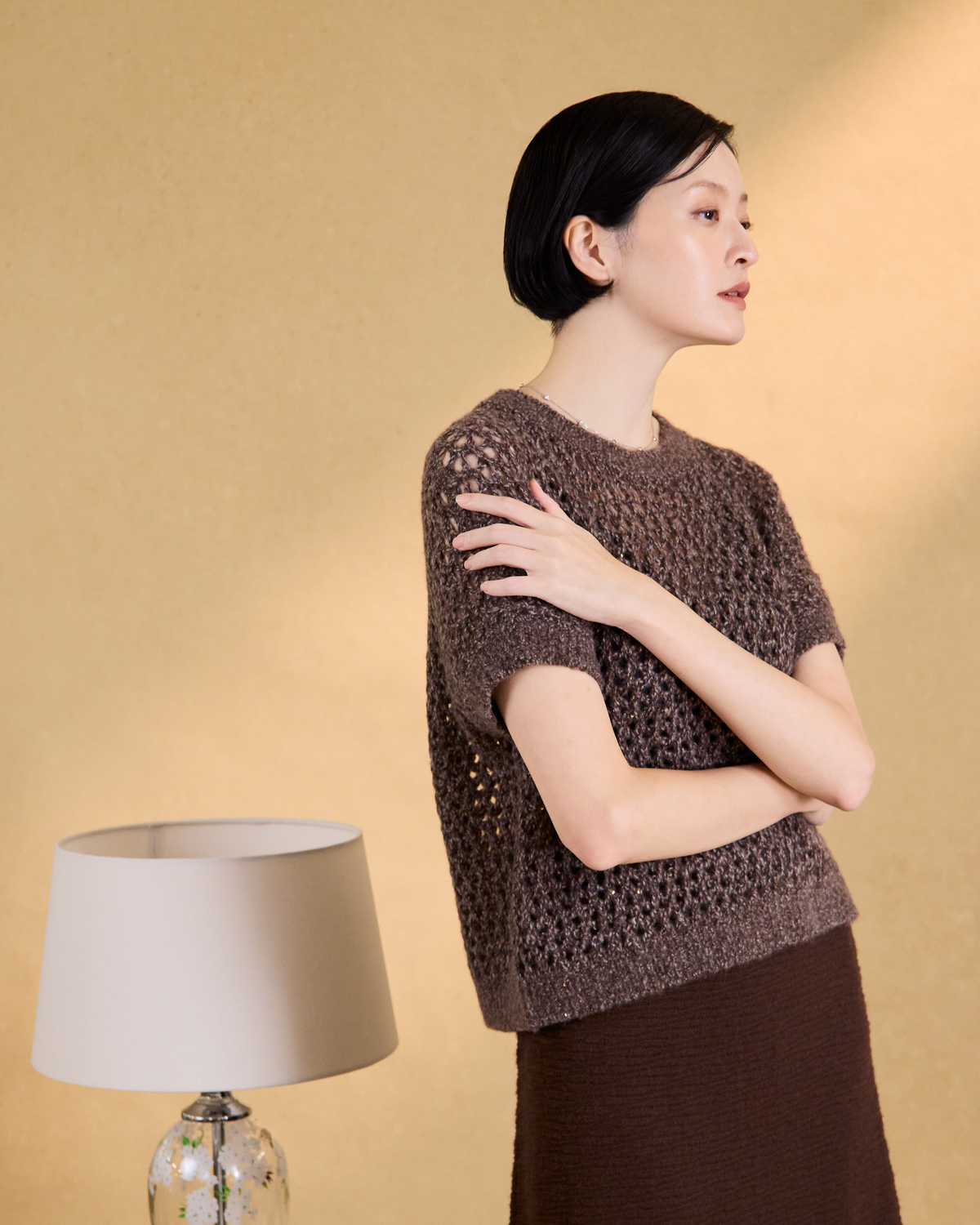 “璀璨日常 Effortless Radiance • 可可 Cocoa” 真絲 Cashmere 鏤空亮片編織針織上衣